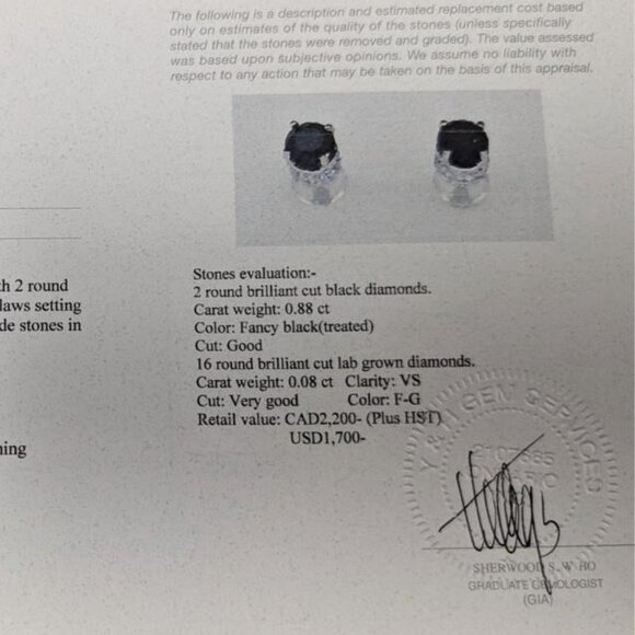 14K White Gold 1G Black Diamond + White Lab Dia 0.88+0.08Ct Earrings. scratched - Picture 4 of 4